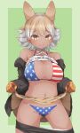  1girl american_flag american_flag_bikini american_flag_print animal_ears bangs bare_shoulders bikini bikini_under_clothes breasts brown_hair c: closed_mouth clothes_lift clothes_pull collarbone cowboy_shot coyote_(kemono_friends) dark-skinned_female dark_skin drias extra_ears flag_print flashing furrowed_brow gloves grey_hair groin highres kemono_friends kemono_friends_v_project large_breasts legs_apart lifted_by_self light_brown_hair long_sleeves looking_at_viewer medium_hair multicolored_hair navel off_shoulder open_clothes open_shirt parted_bangs print_swimsuit shirt_lift shirt_under_shirt shorts shorts_pull skirt skirt_lift smile solo stomach swimsuit virtual_youtuber yellow_eyes 