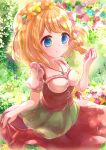  1girl absurdres blonde_hair blue_eyes blush closed_mouth corset dress ensemble_girls! flower green_corset head_wreath highres holding holding_flower medium_hair orange_flower pink_dress pink_flower short_sleeves smile sone_seira usari_sk white_flower yellow_flower 