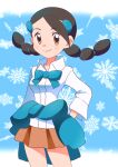  1girl black_hair blush brown_eyes brown_skirt candice_(pokemon) closed_mouth clothes_around_waist collared_shirt commentary_request eyelashes hair_ornament hairclip highres kyanos_(b_0000ff) long_hair miniskirt multi-tied_hair pokemon pokemon_(game) pokemon_dppt shirt skirt smile snowflakes solo split_mouth standing sweater sweater_around_waist twintails white_shirt 
