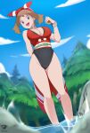  1girl absurdres adapted_costume black_one-piece_swimsuit bow_hairband bracelet breasts brown_hair cameltoe cleavage forest grey_eyes hairband highres holding holding_poke_ball jewelry kaos_art may_(pokemon) medium_breasts medium_hair nature one-piece_swimsuit orange_hairband orange_shirt poke_ball pokemon pokemon_(game) pokemon_oras shirt sleeveless sleeveless_shirt smile solo stream swimsuit wading water 