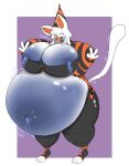  anthro belly belly_overhang big_belly big_breasts blueberry_inflation blush bodily_fluids breasts clothed clothing digital_media_(artwork) domestic_cat felid feline felis female furr3ak hi_res inflation leaking mammal nipples pool_toy simple_background solo text wide_hips 