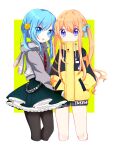  2girls blue_eyes blue_hair blue_ribbon border cousins ensemble_girls! hair_ribbon hassaku_tsuyuri highres hiyoseri hoshiumi_koyoi jacket light_blue_hair long_hair long_sleeves looking_at_viewer multiple_girls orange_hair purple_eyes ribbon short_twintails twintails white_border yellow_background 