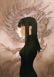  1girl black_hair bone breasts closed_eyes expressionless fossil highres long_hair medium_breasts original profile shell solo tanaka_kunihiko third-party_source upper_body 