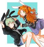  2girls absurdres animal_ears animal_hood aqua_eyes aqua_hair black_hoodie ensemble_girls! fake_animal_ears fake_tail fujii_shizuku green_eyes highres hood hood_up hoodie light_blue_background long_hair looking_at_viewer multiple_girls orange_hair rabbit_ears rabbit_girl rabbit_tail short_hair tail tonbo_(pixiv68176421) tsukinaga_ruka white_background 