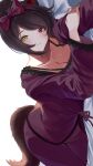  1girl animal_ears black_bra bow bra breasts brown_hair dog_ears dog_girl dog_tail hair_bow head_tilt heterochromia highres inui_toko lace-trimmed_shirt lace_trim large_breasts long_hair long_sleeves looking_at_viewer lying nijisanji on_side pajamas purple_pajamas red_bow red_eyes shiro_marimo shirt sleepwear smile solo strap_gap sweat tail underwear virtual_youtuber yellow_eyes 