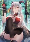  1girl absurdres aegir_(azur_lane) azur_lane black_gloves breasts cleavage earrings feet foot_focus garter_straps gloves grey_hair highres holding hongbao horns jewelry large_breasts leg_up long_hair multicolored_hair no_shoes parted_lips red_hair signature sitting sking smile solo streaked_hair thighhighs very_long_hair yellow_eyes 