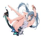  1girl absurdres arm_behind_head arm_up armlet armpits ass bangs barefoot blunt_bangs bracelet breasts commentary_request dress faruzan_(genshin_impact) genshin_impact grey_eyes grey_hair hair_between_eyes hair_ornament highres jewelry knees_to_chest long_hair looking_at_viewer lying on_back radoremo sideboob sidelocks simple_background sleeveless soles solo stretching twintails white_background white_dress x_hair_ornament 