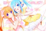  2girls :o blue_eyes blue_hair blush copyright_name cousins dress ensemble_girls! hassaku_tsuyuri heart heart_hands heart_hands_duo highres hiyoseri hoshiumi_koyoi light_blue_hair long_hair looking_at_viewer multicolored_clothes multicolored_dress multiple_girls one_eye_closed orange_hair pink_dress purple_eyes smile twintails white_dress yellow_dress 