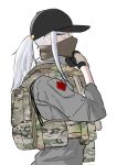  1girl backpack bag bandana baseball_cap black_gloves black_headwear camouflage commentary_request from_side glasses gloves grey_hair grey_jacket hat highres jacket lauging_man_(shun_a_t_i_o) long_sleeves looking_away original plate_carrier ponytail profile simple_background solo upper_body white_background 