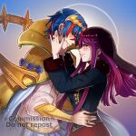  1boy 1girl alear_(fire_emblem) alear_(male)_(fire_emblem) black_shirt blue_hair blush breasts fire_emblem fire_emblem_engage gzei hand_on_another&#039;s_face highres husband_and_wife imminent_kiss ivy_(fire_emblem) jewelry long_hair long_sleeves looking_at_another official_alternate_costume purple_eyes purple_hair ring shirt smile wedding_ring 