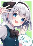  1girl black_hairband black_ribbon blue_eyes blush bob_cut border buttons collared_shirt green_vest hair_ribbon hairband highres hitodama konpaku_youmu konpaku_youmu_(ghost) long_sleeves looking_at_viewer myon_(phrase) open_mouth ribbon shirt short_hair smile solo speech_bubble suzuno_naru touhou upper_body vest white_border white_hair white_shirt 