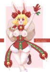  anthro bell bell_collar blonde_hair boots bow_ribbon breasts carrot_(one_piece) christmas christmas_clothing clothing collar female footwear genitals hair holidays inosagi lagomorph leporid mammal nipples one_piece pussy rabbit red_eyes ribbons solo 