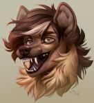  anthro brown_body brown_fur brown_hair brown_nose canid fangs female fur glistening glistening_eyes glistening_nose hair headshot_portrait hi_res looking_at_viewer mammal marie_merkh open_mouth open_smile portrait sharp_teeth signature simple_background smile solo teeth 