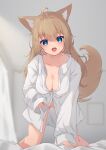  1girl :d absurdres ahoge all_fours animal_ear_fluff animal_ears bangs barefoot blue_eyes blush breasts brown_hair cleavage collarbone collared_shirt commentary_request dress_shirt fox_ears fox_girl fox_tail hair_between_eyes head_tilt highres hinata_(user_rjkt4745) indoors long_hair long_sleeves looking_at_viewer medium_breasts naked_shirt original shirt sleeves_past_wrists smile solo tail white_shirt 