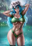  1girl arms_behind_head arrancar artist_name bleach blue_hair blurry blurry_background breasts collarbone cowboy_shot dandon_fuga facepaint highres large_breasts long_hair navel nelliel_tu_odelschwanck skull skull_on_head toned torn_clothes tree wading water waterfall wet 