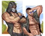  2boys abs bara bare_pectorals black_gloves black_hair black_shirt black_vest call_of_duty call_of_duty:_modern_warfare_2 chest_hair crossed_arms facial_hair ghost_(modern_warfare_2) gloves hawaiian_shirt highres hood hood_up hooded_vest hoodie large_pectorals male_focus mask mouth_mask multiple_boys muscular muscular_male navel nipples open_clothes open_shirt open_vest pectorals shirt short_hair sidecut soap_(modern_warfare_2) sunglasses tazahan vest 