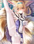  animal_ear_fluff animal_ears arknights blonde_hair blue_hairband earpiece fox_ears fox_girl fox_tail gradient_hair hair_rings hairband highres infection_monitor_(arknights) kitsune kneepits kyuubi leg_hold leg_lift leg_up multicolored_hair multiple_tails panties panties_under_pantyhose pantyhose split standing standing_on_one_leg standing_split suzuran_(arknights) tail two-tone_dress underwear white_hair white_pantyhose zserty555 