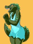  2017 5_fingers anthro blue_clothing blue_dress clothing crocodile crocodilian crocodylid digital_media_(artwork) dress female fingers flat_chested green_body green_skin green_stripes green_tongue hi_res humanoid_hands looking_away open_mouth reptile scalie sharp_teeth simple_background smokeyocity solo stripes teeth tongue yellow_background yellow_eyes 