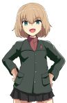  1girl bangs black_skirt blonde_hair blue_eyes bob_cut commentary cowboy_shot fang girls_und_panzer green_jacket hands_on_hips highres jacket katyusha_(girls_und_panzer) long_sleeves looking_at_viewer miniskirt open_mouth pleated_skirt pravda_school_uniform red_shirt school_uniform shirt short_hair simple_background skin_fang skirt smile solo standing suberaku turtleneck white_background 