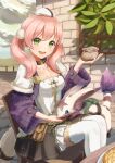  1girl animal apple_pie atelier_(series) atelier_escha_&amp;_logy atyao-299 belt_pouch blush braid breasts brown_skirt choker cleavage creature escha_malier feeding food green_eyes hat highres holding homura_(atelier) long_hair long_sleeves looking_at_viewer on_chair open_mouth pink_hair pouch sitting skirt smile tail thighhighs twintails 