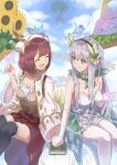  2girls :d absurdres atelier_(series) atelier_lydie_&amp;_suelle atyao-299 bangs bare_shoulders breasts bug butterfly closed_eyes closed_mouth cloud coat day dress flower gloves green_eyes hair_flower hair_ornament head_scarf highres long_hair long_sleeves looking_at_another medium_breasts multiple_girls open_mouth outdoors paper plachta red_hair red_skirt short_hair sitting skirt sky smile sophie_neuenmuller sunflower thighhighs very_long_hair white_gloves white_headwear white_thighhighs 