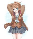  1girl arms_behind_head arms_up ascot avatar_(ff11) bangs blonde_hair blue_eyes breasts brown_coat brown_vest coat final_fantasy final_fantasy_xi glasses grey_skirt highres hume legs_together long_sleeves medium_breasts miniskirt open_clothes open_coat parted_lips pink_lips pleated_skirt ponytail rimless_eyewear round_eyewear sakutsuki scholar_(final_fantasy) short_hair skirt solo standing vest white_ascot 