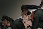  2boys abs arm_tattoo black_hair black_jacket black_nails black_pants blush covering_own_eyes facial_tattoo feet fushiguro_megumi fushirun_rung highres hood hoodie jacket jujutsu_kaisen korean_commentary leg_grab licking licking_stomach long_sleeves lying male_focus multiple_boys pants pink_hair red_eyes red_hoodie ryoumen_sukuna_(jujutsu_kaisen) school_uniform spiked_hair stirrup_legwear tattoo toeless_legwear toned toned_male trembling undercut yaoi 