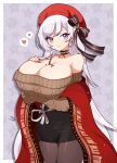  1girl azur_lane bare_shoulders belfast_(azur_lane) belfast_(shopping_with_the_head_maid)_(azur_lane) between_breasts blue_eyes breasts choker cleavage collarbone cowboy_shot dadadanoda food food_on_body food_on_breasts highres huge_breasts long_hair looking_at_viewer pantyhose pencil_skirt pocky red_headwear skirt solo sweater very_long_hair white_hair 