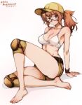  1girl arm_support artist_name bangs barefoot baseball_cap blush breasts brown_eyes brown_hair brown_shorts cleavage commentary dated english_text fio_germi glasses hat knee_pads large_breasts long_hair looking_at_viewer metal_slug midriff mina_cream ponytail round_eyewear shadow shoes short_shorts shorts sidelocks sitting smile socks solo tank_top teeth white_tank_top wristband 