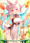  1girl animal_ears bare_arms bare_shoulders breasts china_dress chinese_clothes cowboy_shot double_bun dress fish goldfish hair_bun hands_up highres holding holding_lamp kabocha_usagi lamp long_hair looking_at_viewer medium_breasts no_panties open_mouth original pelvic_curtain rabbit_ears rabbit_tail red_eyes sleeveless sleeveless_dress smile solo standing tail thighs twintails white_dress white_hair 