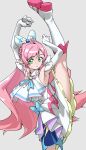  1girl absurdres armpits arms_up ascot boots bow braid center_frills commentary_request crown_braid cure_prism dress elbow_gloves flexible frills gloves green_eyes hair_bow highres hirogaru_sky!_precure knee_boots kneepits leg_up long_hair looking_at_viewer magical_girl nijigaoka_mashiro parted_lips pink_hair precure solo split standing standing_on_one_leg standing_split tanabe_(fueisei) very_long_hair white_dress white_footwear white_gloves 