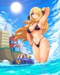  1girl arm_behind_head arm_up ball beachball bikini black_bikini black_ribbon blonde_hair blue_sky blush breasts cloud cup curvy cynthia_(pokemon) drinking_glass floating_hair glass grey_eyes hair_ribbon hand_on_hip innertube itzah large_breasts lens_flare long_hair looking_at_viewer micro_bikini navel outdoors pixel_art pokemon pokemon_(game) pokemon_dppt ribbon sharpedo sky smile solo sun swimsuit thick_thighs thighs very_long_hair water wine_glass 