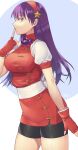  1girl asamiya_athena bike_shorts breasts closed_mouth fingerless_gloves gloves hair_ornament hairband highres long_hair looking_at_viewer murata_tefu purple_eyes purple_hair red_hairband skirt smile solo star_(symbol) star_hair_ornament the_king_of_fighters 