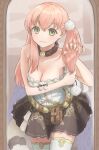  1girl absurdres atelier_(series) atelier_escha_&amp;_logy atyao-299 bare_shoulders belt_pouch blush braid breasts brown_skirt brushing_hair choker cleavage closed_mouth escha_malier green_eyes highres large_breasts long_hair looking_at_viewer mirror pink_hair pouch side_braid skirt smile solo standing tail thighhighs twintails 