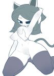  anthro black_clothing black_legwear black_stockings breasts clothed clothing female gesture grey_hair hair holding_breast hss_dada legwear simple_background simple_eyes solo stockings temmie_(undertale) thigh_highs undertale undertale_(series) white_body 