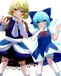  2girls absurdres arm_warmers bangs blonde_hair bloomers blue_bow blue_dress blue_eyes blue_hair bow bowtie cirno commentary dress finger_to_mouth green_eyes hair_bow highres looking_at_viewer mikan_(manmarumikan) mizuhashi_parsee multicolored_clothes multiple_girls pointy_ears red_bow red_bowtie scarf short_hair short_sleeves simple_background teeth touhou underwear white_background white_scarf 