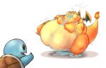  ambiguous_gender belly big_belly bluberripancakes charizard claws duo feral generation_1_pokemon inflation membrane_(anatomy) membranous_wings morbidly_obese morbidly_obese_ambiguous morbidly_obese_feral motion_lines nintendo obese obese_ambiguous obese_feral overweight overweight_ambiguous overweight_feral pokemon pokemon_(species) shell shocked_expression sound_effects squirtle standing water wings 