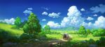  blue_sky carriage cloud covered_wagon cyclecircle fence highres no_humans original outdoors plant road sky tree 