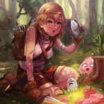  1girl arm_wrap backpack bag bangs blonde_hair blush boots brown_bag brown_footwear brown_gloves commentary dagger day fiddlehead forest full_body ghostring gloves grass green_eyes holding holding_dagger holding_knife holding_weapon kneeling knife lunacerra nature novice_(ragnarok_online) open_mouth outdoors poring ragnarok_online rocker_(ragnarok_online) scar scar_on_arm scared shirt short_hair sleeveless sleeveless_shirt slime_(creature) tree tree_stump trembling weapon white_shirt 