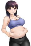  1girl bangs black_leggings breasts brown_hair closed_mouth commentary_request embarrassed hashi leggings medium_breasts medium_hair mole mole_on_stomach navel original plump purple_eyes stomach sweatdrop white_background 