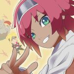  absurdres batta_(boruto) bender_(318) boruto:_naruto_next_generations dark-skinned_female dark_skin forehead_protector green_eyes highres naruto_(series) ninja smile uzumaki_boruto v yen_sign 