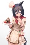  1girl :&gt; animal_ears black_hair blue_eyes bob_cut breasts buttons chef_hat commentary crown_patisserie_(umamusume) double-breasted eishin_flash_(collect_chocolatier)_(umamusume) eishin_flash_(umamusume) hair_between_eyes hair_ornament hairclip hat highres holding holding_plate horse_ears horse_girl katukodx large_breasts looking_at_viewer mini_hat official_alternate_costume plate short_hair simple_background smile solo umamusume white_background 