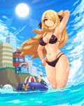  1girl arm_behind_head arm_up ball beachball bikini black_bikini black_ribbon blonde_hair blue_sky blush breasts cloud cup curvy cynthia_(pokemon) drinking_glass floating_hair glass grey_eyes hair_ribbon hand_on_hip innertube itzah large_breasts lens_flare long_hair looking_at_viewer navel outdoors pixel_art pokemon pokemon_(game) pokemon_dppt ribbon sharpedo sky smile solo sun swimsuit thick_thighs thighs very_long_hair water wine_glass 