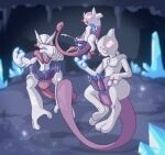  2_penises animal_genitalia animal_penis blush blush_lines bodily_fluids cave crystal dragunsnack floating generation_1_pokemon genitals glowing_crystal group hemipenes legendary_pokemon looking_at_viewer male mega_evolution mega_mewtwo mega_mewtwo_x mega_mewtwo_y mewtwo multi_genitalia multi_penis nintendo penis pokemon pokemon_(species) psychic_powers trio 