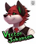  2016 anthro black_clothing black_ears black_nose black_sclera black_topwear black_vest bust_portrait canid canine character_name closed_smile clothing dated eyewear fox fur glasses green_eyes green_inner_ear looking_at_viewer male mammal mouth_closed name_badge necktie portrait red_body red_fur red_necktie shirt simple_background solo topwear vest victor_johansen wearing_glasses white_background white_clothing white_shirt white_topwear zeta-haru 
