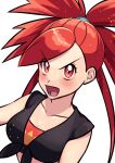  1girl :d absurdres bare_arms black_shirt blush breasts cleavage collarbone commentary_request crop_top eyelashes flannery_(pokemon) highres long_hair lower_teeth_only open_mouth pokemon pokemon_(game) pokemon_oras ponytail red_eyes red_hair shirt sleeveless sleeveless_shirt smile solo teeth tied_shirt tongue upper_body wanichi 