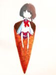  1girl bangs barefoot brown_hair closed_mouth commentary facing_viewer food full_body ice_cream_cone in_food long_sleeves melting minigirl neckerchief original pleated_skirt red_neckerchief red_sailor_collar red_skirt sailor_collar sailor_shirt school_uniform serafuku shirt short_hair sideways_glance simple_background sitting skirt solo tareme tokunaga_aoi traditional_media waffle_cone white_background white_shirt 