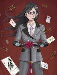  absurdres black-framed_eyewear black_hair card formal gear_print glasses gloves grey_eyes grey_pants grey_suit high_card highres katana long_sleeves looking_at_viewer nano_blue necktie pants pink_necktie playing_card red_background red_gloves satou_wendy spade_(shape) standing suit sword weapon 