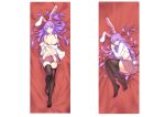  1girl absurdres animal_ears bed_sheet black_thighhighs blush breasts collarbone dakimakura_(medium) diving_penguin full_body highres large_breasts long_hair long_sleeves lying multiple_views navel nipples on_back on_side open_mouth pink_skirt pleated_skirt purple_hair rabbit_ears rabbit_tail red_eyes reisen_udongein_inaba shirt skirt tail thighhighs touhou white_shirt 