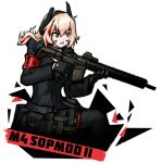  1girl :o assault_rifle bangs black_coat black_gloves blonde_hair character_name coat girls&#039;_frontline gloves gnom_na_korable gun holding holding_gun holding_weapon long_hair long_sleeves m4_sopmod_ii m4_sopmod_ii_(girls&#039;_frontline) open_mouth red_eyes rifle solo upper_body weapon white_background 